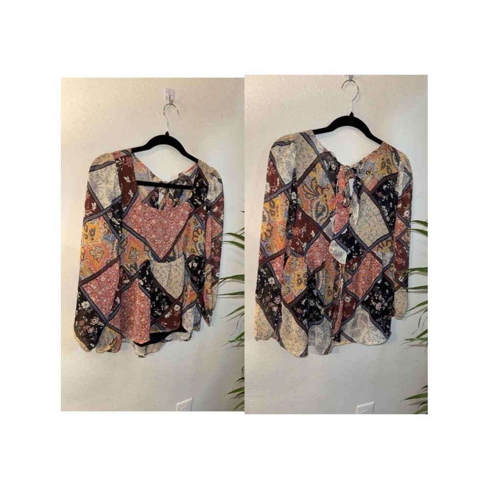 American Eagle Boho Patchwork Floral V-Neck Long Sleeve Top Multicolor XS